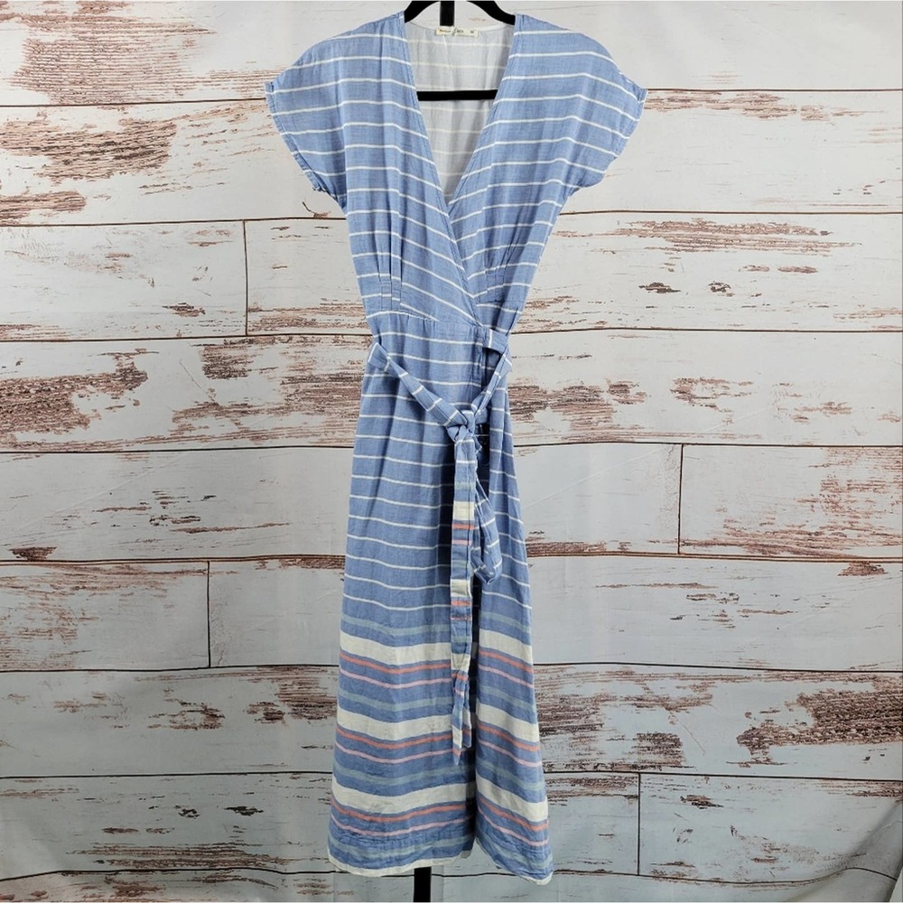 Marine Layer Maddie Wrap Dress Cotton Blue Stripe XS